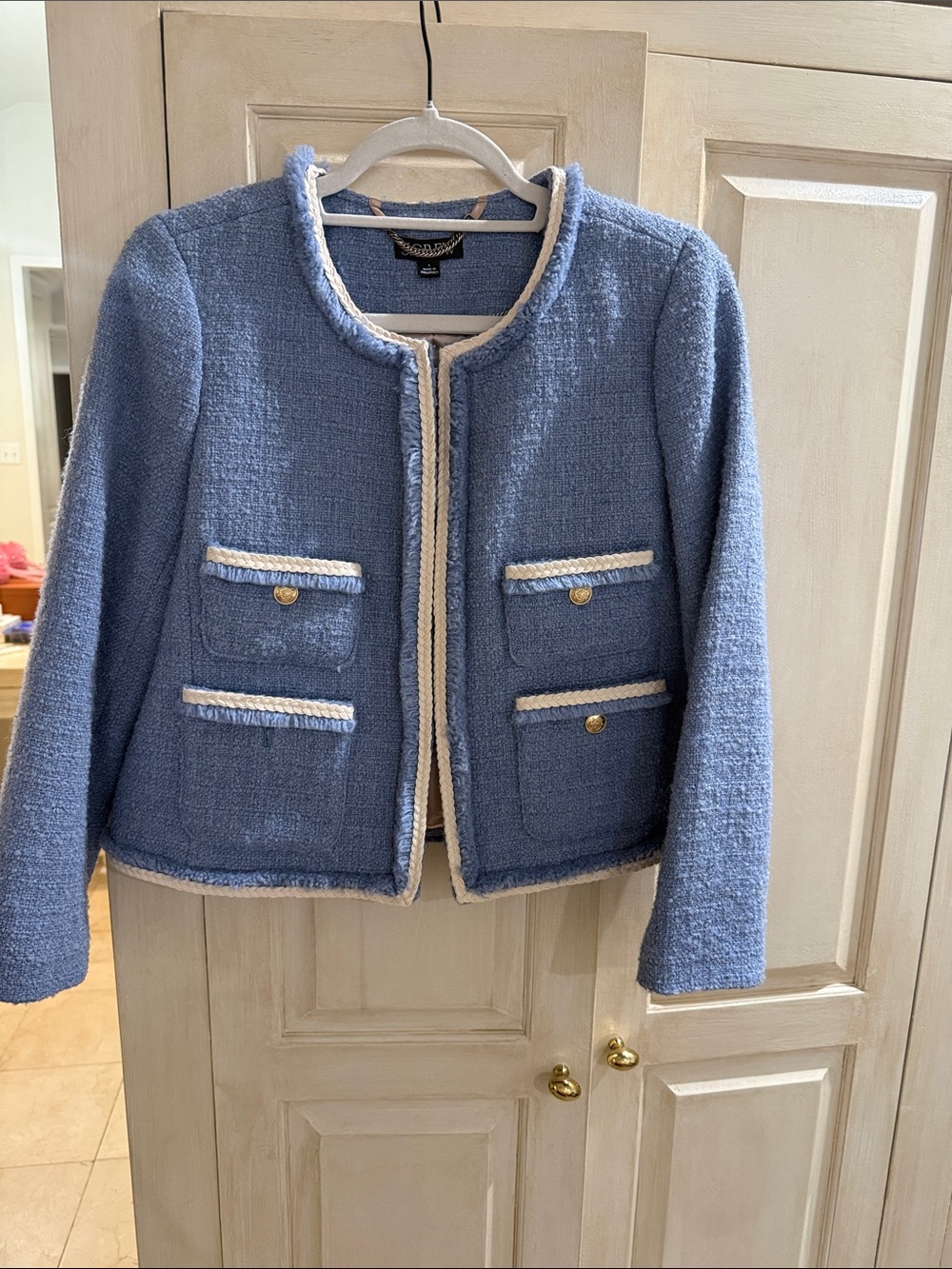 J. Crew Sky Blue Tweed Cropped Jacket with Cream Trim